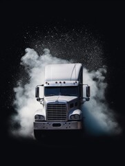 Truck in smoke with swirling background and sparkling particles, AI