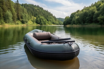 Empty green inflatable boat on the river,ai generated - obrazy, fototapety, plakaty