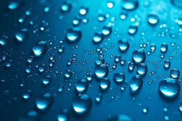 Glistening water droplets on deep blue background with gradient and highlights. Generative AI