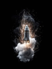 Rocketship taking off in smoke with swirling background and sparkling particles, spacepunk concept of space ship, AI