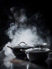pots cooking food, smoke background and sparkling particles, cooking show, AI