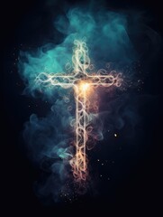Cross in smoke with swirling background and sparkling particles, AI