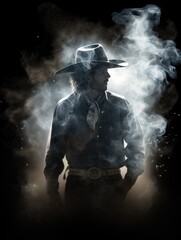 Fototapeta na wymiar Cowboy in smoke with swirling background and sparkling particles, AI