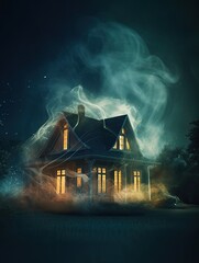 House in smoke with swirling background and sparkling particles, AI