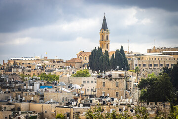 Fototapeta na wymiar view over old city of jerusalem from ramparts walk, dome, israel, holy land, pilgrimage, middle east