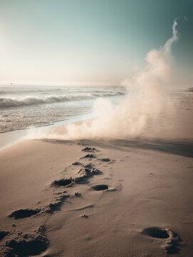 smoke on the beach, background image o beach scene with sand and waves, AI