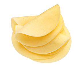 Salami cheese, round gouda slices isolated on white background
