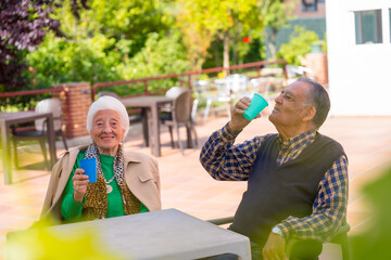 Two overjoyed seniors in the garden of a nursing home, toasting with vibrant glasses on a sunny summer day