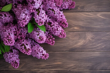 Lilac bouquet on wooden plank, a picturesque symbol of blooming spring. Generative AI