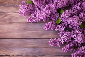 Lilac Flowers Bouquet on Wooden Plank Background, Spring Purple Blooming Bunch, Branch over Wood Texture Generative AI