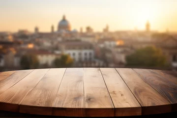 Tuinposter The empty wooden table top with blur background of Rome. Exuberant image.for mounting your product. digital art. High quality photo © Starmarpro