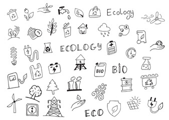 ecology. nature. protection of nature. trees. water. petrol. pack. biodegradable items. preserve nature. environment protection. EPS 10. on a white background. black color. lines. doodle. actual. curr