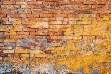 Old and weathered yellow and red brick wall, seamless pattern backdrop. Generative AI