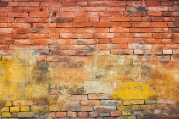 Old and weathered grungy yellow and red brick wall as seamless pattern texture background Generative AI