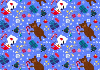 Christmas cartoon seamless bears and snowman and gift box and candy pattern for wrapping paper and fabrics