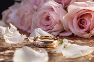 Romantic ambiance with gold rings, Eustoma roses, and soft pink feathers for a wedding. Generative AI