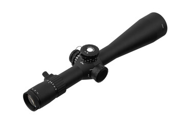 Modern sniper scope on a white back. Optical device for aiming and shooting at long distances.