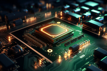 Fototapeta premium green circuit board standing for technology innovations chips gpu, cpu, Perfect for featuring trends like AI, IoT, Big Data, semiconductor . High quality photo