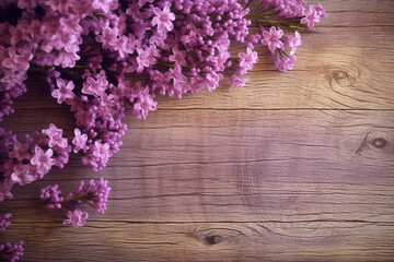 Naklejka na ściany i meble Rustic wooden texture complemented by a vibrant lilac flower arrangement. Generative AI