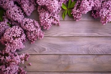 Serene lilac blooms grace a wooden plank background, spring's enchantment. Generative AI
