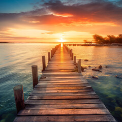 Naklejka na ściany i meble A long wooden jetty over water with a vibrant sunset. Tranquil beach image with no people. Holiday or vacation travel image.