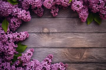 Spring's purple splendor showcased with lilac flowers on wooden plank. Generative AI
