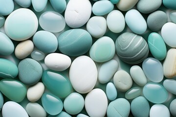 a soothing interplay of mint green and seafoam blue smooth river stones for backgrounds, generative ai