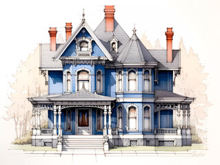 Old house in Victorian style in blue. Illustration on white background. Three story blue illustration with landscaping, multiple chimneys and wraparound porch.