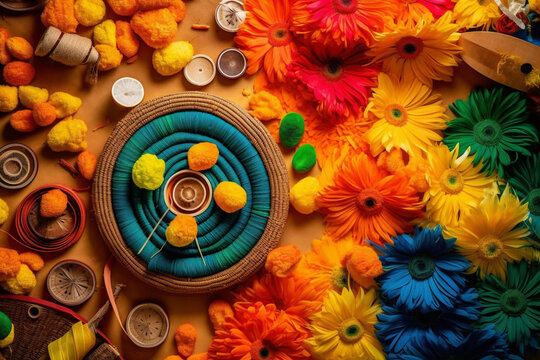 Happy Onam. Holiday for South India festival. for greeting card, banner, poster, title, emblem, label, tag. ancient Hindu festival of Kerala. Malayalis Harvest Sadya, Thiruvathira Kali. Generative AI