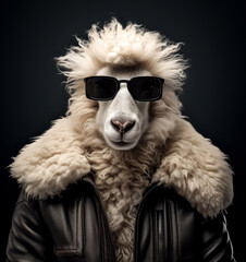 Sheep wearing sunglasses and a black leather jacket.