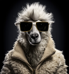 sheep in sunglasses wearing a white furry coat on a white background, in the style of album covers.