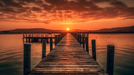 Fototapeta premium A long wooden jetty over water with a vibrant sunset. Tranquil beach image with no people. Holiday or vacation travel image.