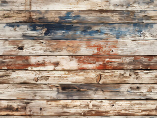 Weathered wooden plank background wallpaper.  Distressed wood floorboards stained in red, blue and brown.  