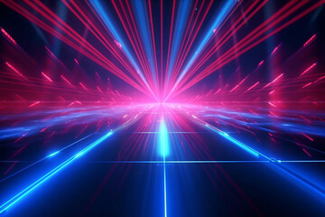 Vibrant blue and red rays create an electrifying disco atmosphere. Generative AI