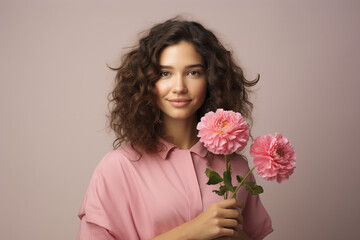 Obraz na płótnie Canvas Studio portrait of a woman in pink clothes holding fresh flowers. High quality photo