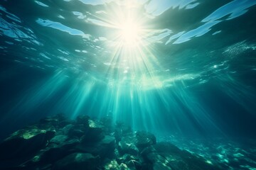 Fototapeta na wymiar underwater scene with rays of light, Underwater Light Erupts from the Ocean Background, Illuminated by the Radiant Sun, in a Visually Poetic Display of Teal and White, Creating a Captivating