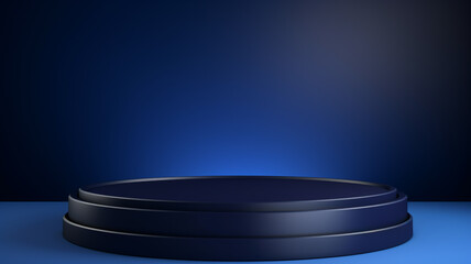 Navy blue product display stand or podium pedestal on advertising background with blank backdrops. 3D rendering.