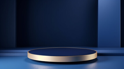 Navy blue product display stand or podium pedestal on advertising background with blank backdrops. 3D rendering.