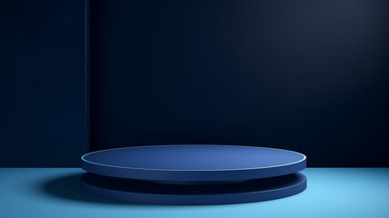 Navy blue product display stand or podium pedestal on advertising background with blank backdrops. 3D rendering.