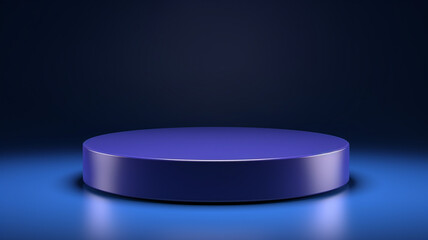 Navy blue product display stand or podium pedestal on advertising background with blank backdrops. 3D rendering.