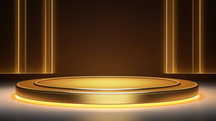 Gold podium stage 3d background of empty luxury show product display scene presentation template or golden pedestal elegant advertising showcase stand mockup and premium cosmetic beauty sale concept