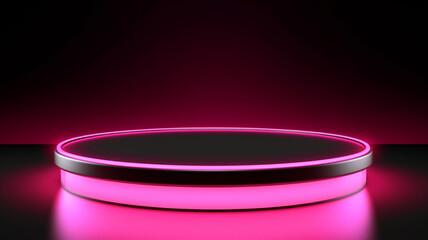 Neon pink product stage background or podium pedestal with glowing light blank display platform. 3D rendering