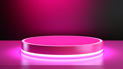 Neon pink product stage background or podium pedestal with glowing light blank display platform. 3D rendering