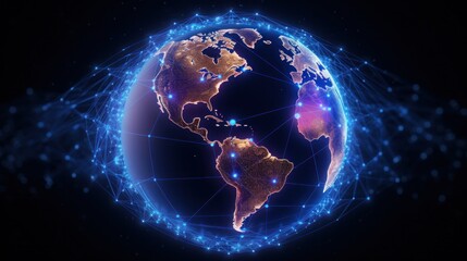 Futuristic digital world map globe with AI and internet connections