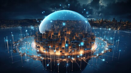 Futuristic digital globe with AI city and internet connections