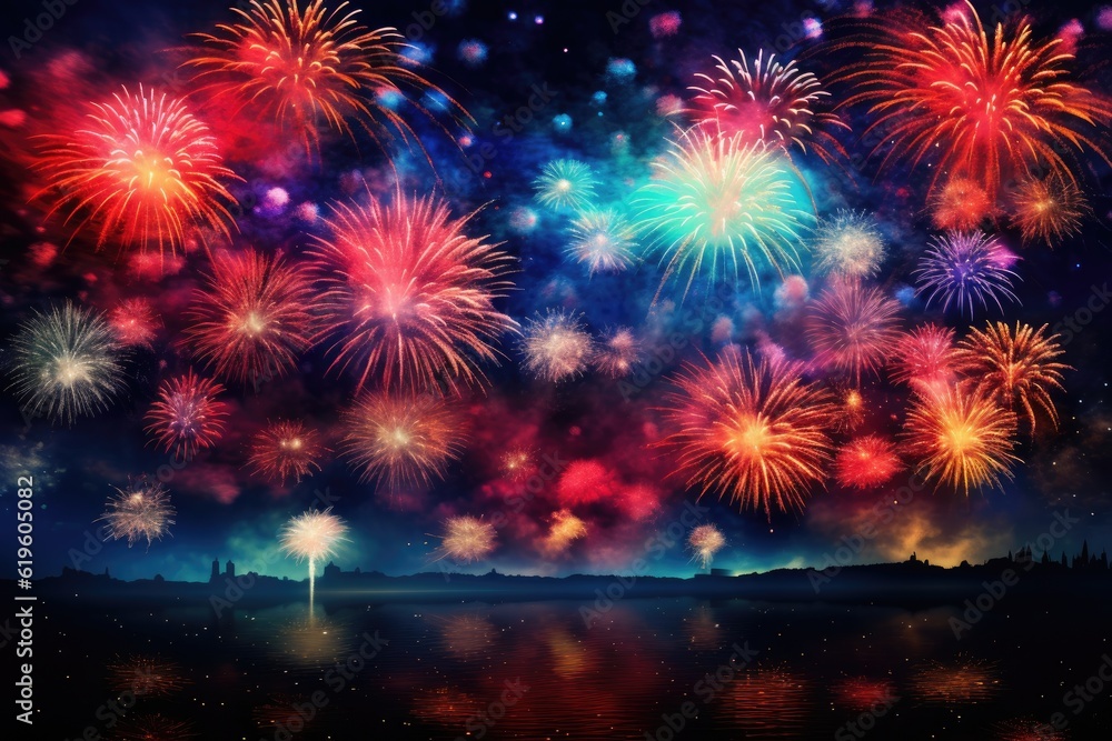 Poster fireworks in the sky with black background generative ai