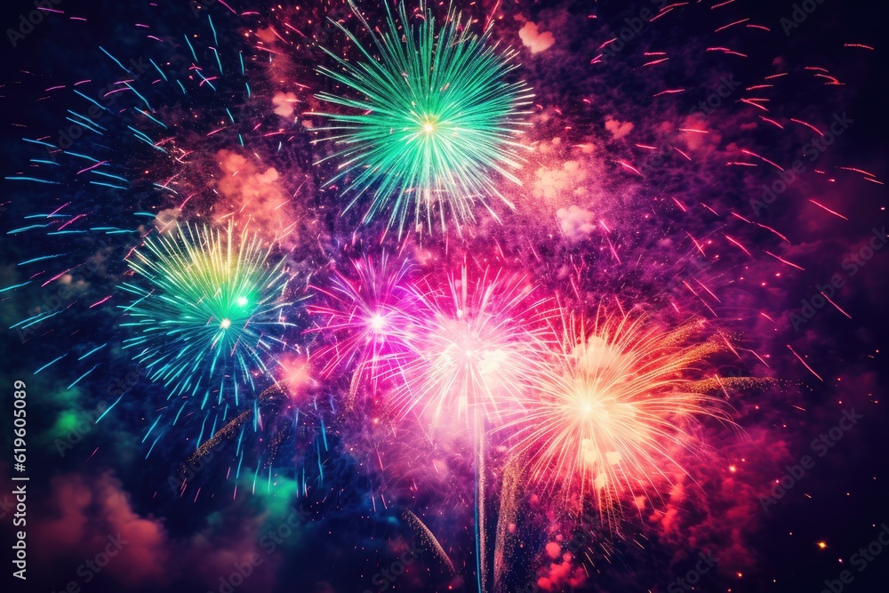Poster a colorful firework explosion is shown against the dark background generative ai