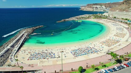 Aerial view of the Playa de Amadores beach, Gran Canaria, Canary Islands, Spain