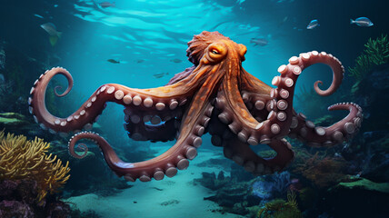 Fototapeta na wymiar Red octopus swimming in ocean with large tentacles
