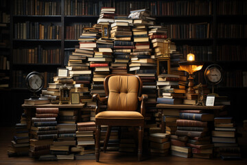 Stacked books resting on a desk chair symbolize the concept of education, offering a visual representation of knowledge and intellectual growth. Generative Ai.